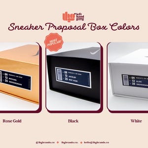 May include: Image of three sneaker proposal boxes in rose gold, black, and white. Each box has a label with text. The rose gold box is labeled "MICHAEL GROOMSMAN". The black box is labeled "JACOBY BEST MAN". The white box is labeled "ALAN GROOMSMAN".