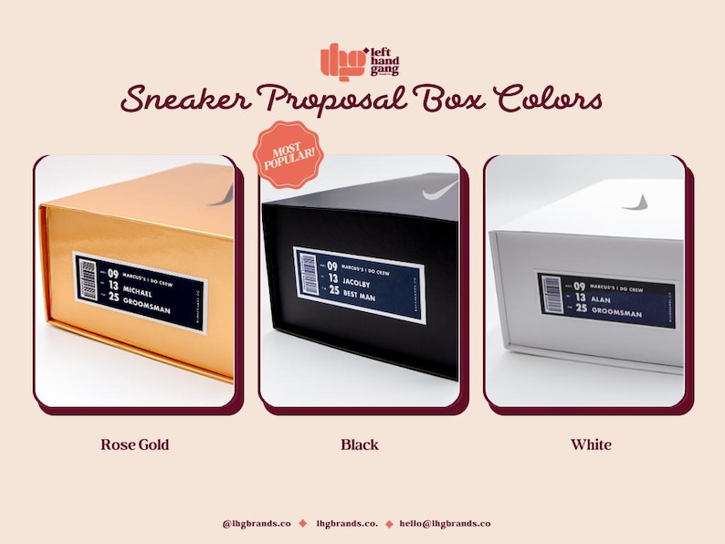 May include: Image of three sneaker proposal boxes in rose gold, black, and white. Each box has a label with text. The rose gold box is labeled "MICHAEL GROOMSMAN". The black box is labeled "JACOBY BEST MAN". The white box is labeled "ALAN GROOMSMAN".