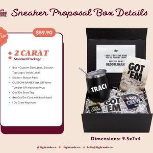 May include: A black gift box with a sneaker proposal theme. Inside, a black tumbler with "TRACI" printed on it, a card that says "GOT 'EM", and other accessories. The box dimensions are 9.5x7x4 inches.