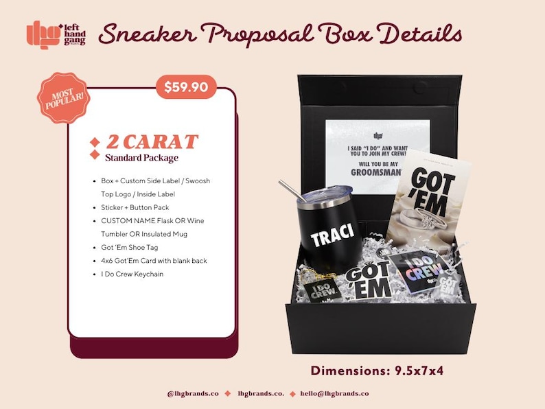 May include: A black gift box with a sneaker proposal theme. Inside, a black tumbler with "TRACI" printed on it, a card that says "GOT 'EM", and other accessories. The box dimensions are 9.5x7x4 inches.