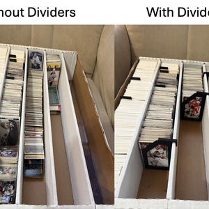 Puede incluir: Caja de almacenamiento de cart&oacute;n llena de cromos, algunos en fundas protectoras. La caja est&aacute; dividida en secciones con y sin divisores negros. El texto "Without Dividers" y "With Dividers" es visible.