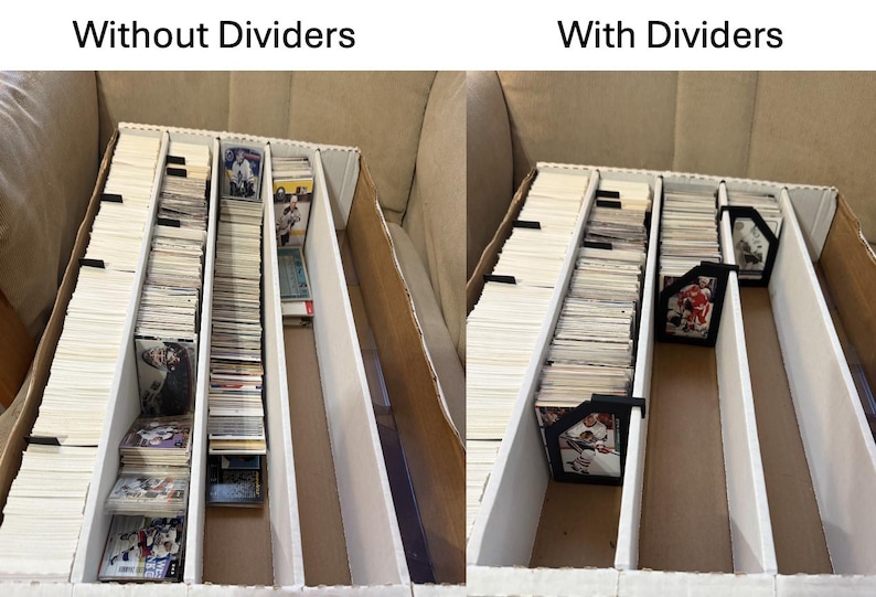 Puede incluir: Caja de almacenamiento de cart&oacute;n llena de cromos, algunos en fundas protectoras. La caja est&aacute; dividida en secciones con y sin divisores negros. El texto "Without Dividers" y "With Dividers" es visible.