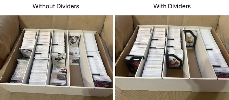 Puede incluir: Dos vistas de una caja de almacenamiento de cart&oacute;n blanco llena de montones de cartas. La imagen de la izquierda muestra la caja sin divisores, mientras que la imagen de la derecha muestra la caja con divisores negros. Las cartas son de varios tama&ntilde;os y dise&ntilde;os.