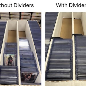 Puede incluir: Dos vistas de una caja de almacenamiento para cromos, una con divisores y otra sin ellos. Las cajas est&aacute;n llenas de cromos en fundas protectoras. El texto "Without Dividers" y "With Dividers" est&aacute; en la parte superior de cada vista.