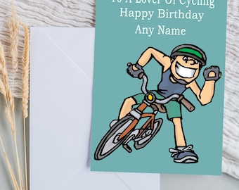 Puede incluir: Tarjeta de cumpleaños con un ciclista de dibujos animados sobre un fondo turquesa. La tarjeta dice: "Para un amante del ciclismo, feliz cumpleaños, cualquier nombre". Un sobre blanco y espigas de trigo secas en el fondo.