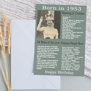 Puede incluir: Una tarjeta de cumpleaños verde y blanca con una foto de la reina Isabel II. La tarjeta tiene el texto "Nacido en 1953" y "En cartelera en los cines" con una lista de películas de 1953. La tarjeta también tiene una sección titulada "Noticias del Reino Unido del año" y "Personas famosas nacidas" con una lista de eventos y personas nacidas en 1953. La tarjeta tiene el texto "Feliz cumpleaños" en la parte inferior.