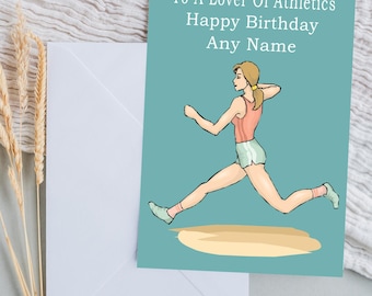 May include: A birthday card with a teal background and a running athlete illustration. The card reads "To A Lover Of Athletics Happy Birthday Any Name". Includes a white envelope and text that says "Personalise with a name" and "A5 size".