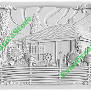 May include: A white 3D relief sculpture of a small house with a thatched roof, surrounded by sunflowers and a picket fence. The house has a single window and a door. The background is a stylized sky with clouds.