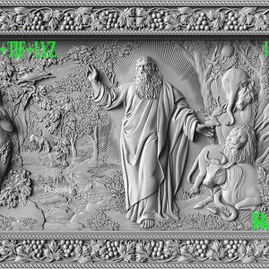 May include: A black and white relief sculpture depicting a scene from the Bible. A man with a beard and long hair stands in the center of the image, with his arms outstretched. Two figures stand to the left of the man, and a cow and other animals are to the right. The sculpture is framed in a decorative border.