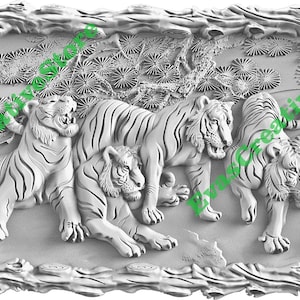 May include: A white 3D relief sculpture of five tigers in a woodland setting. The tigers are depicted in a realistic style, with detailed fur and musculature. The sculpture is set against a backdrop of trees and mountains.