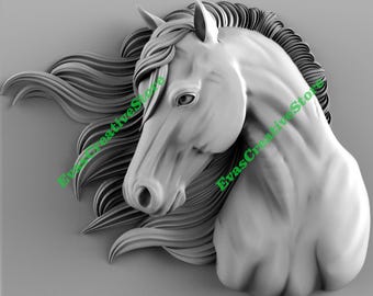 May include: A 3D printed sculpture of a horse's head with flowing mane. The sculpture is made of white plastic and has a realistic appearance.