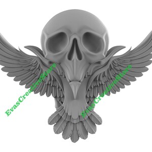 May include: A gray, three-dimensional sculpture of a skull with bird-like wings. The skull has detailed eye sockets and a prominent nose. The wings are spread wide, and the sculpture is set against a white background. The text "EvasCreatureStore" is printed in green.