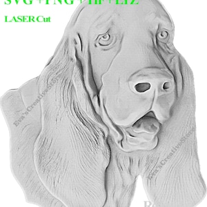 May include: Black and white line art illustration of a Bloodhound dog's head. The image is labeled "SVG+PNG+TIF+LYZ LASER Cut" and "Resizable".