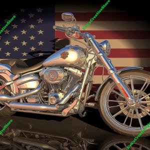 May include: A chrome motorcycle with a black seat and a large front wheel. The motorcycle is set against a backdrop of the American flag, with its stars and stripes clearly visible. The bike's details are highlighted.