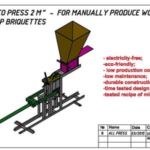 Könnte beinhalten: Illustration einer manuell betriebenen Holzhackschnitzel-Brikettpresse mit der Bezeichnung "ECO PRESS 2 M". Das Design umfasst einen Trichter, einen Pressmechanismus und einen Hebel. Der Text hebt Merkmale wie Stromfreiheit und Umweltfreundlichkeit hervor.