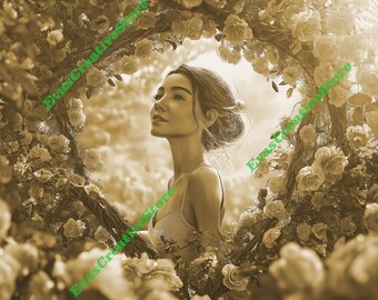 Archivo de corte láser "Mujer con flores" - Archivos de grabado láser "Dama romántica" Glowforge xTool Madera, metal Acrílico / Arte mural femenino, Decoración de bodas