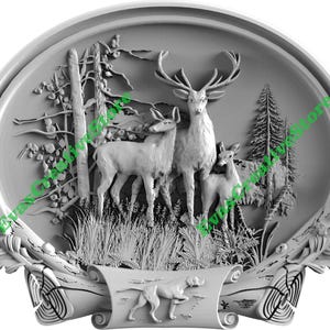 May include: A 3D relief carving of a deer family in a forest setting. The deer are sculpted in a realistic style, with detailed features and textures. The carving is mounted on a circular wooden plaque with a decorative border.