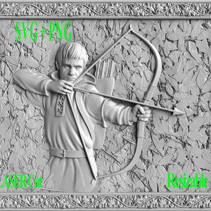 May include: A 3D relief sculpture of a person holding a bow and arrow. The person is wearing a tunic and has a hood. The background is a textured design of leaves.