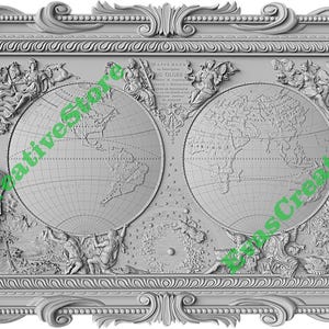 May include: A detailed, gray relief carving depicting a historical world map with celestial elements. The artwork features globes, a sun with a face, compasses, and figures, all within an ornate rectangular frame. The style evokes classical cartography.