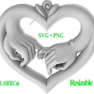 May include: A silver heart-shaped design with two hands intertwined inside the heart. The hands are holding each other's fingers. The design is for laser cutting and is resizable.