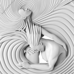 May include: A white, abstract sculpture of two figures intertwined. The figures are sculpted in a swirling, wave-like pattern, creating a sense of movement and intimacy.