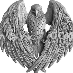 May include: A detailed, gray, 3D printed sculpture of an eagle with its wings spread wide. The eagle's head is turned to the side, and its eyes are closed.
