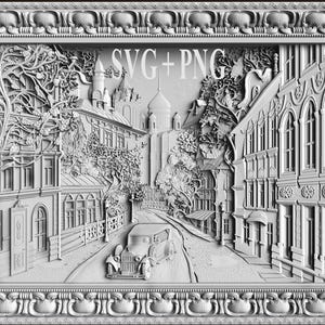 May include: A black and white 3D relief carving of a European city street scene with buildings, trees, and a car. The carving is framed in a decorative frame with a scroll design. The text "SVG + PNG" is visible in the top center of the image.