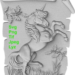 May include: A gray, carved wooden relief sculpture of a unicorn standing on its hind legs. The unicorn is surrounded by leaves and grass. The sculpture is mounted on a scroll-shaped background.