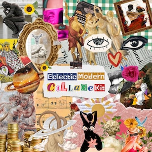 Eklektische moderne Collage Kit, abstrakte Kunst Ephemera Seiten, surreale Porträts, grafische Formen, druckbare Mixed Media Druckbögen, PDF&PNG Format