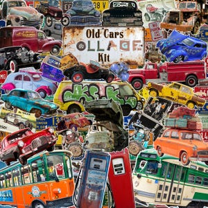 Old Cars Collage Kit, Automotive Memorabilia, Vintage Ephemera Pack, 55 Printable junk journals Pages