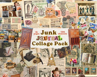 Junk Journal Collage Pack, Vintage Cards, Eclectic Collage Cutouts, Antique Ephemeras Papers, 40 Pages