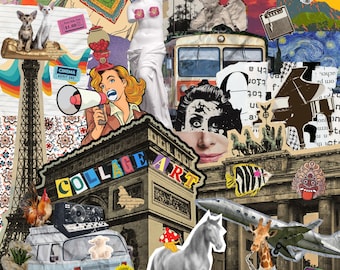 Collage art prints, Eclectic collage cutouts, Pop art elements, Vintage ephemera art, Animals, Retro art, 40 full pages