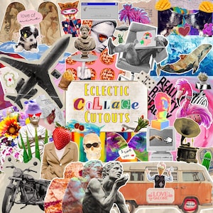 Può includere: Un collage vibrante con diversi elementi: un aereo vintage, una moto, una fragola, un teschio con occhiali da sole e un autobus retrò. Il testo "Eclectic Collage Cutouts" è ben visibile, insieme ad altri elementi testuali. L'estetica generale è un mix di stili vintage e moderni.