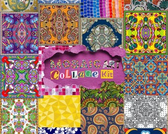 Mosaic Art Patterns Kit, Decorative paper, Contemporary Modern Art, Eclectic Collage Cutouts, 25 Pages, PDF&PNG