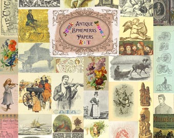 Carte antiche effimere, collage eclettici ritagliati, antiquariato del XIX secolo, scrapbooking vittoriano, 40 pagine