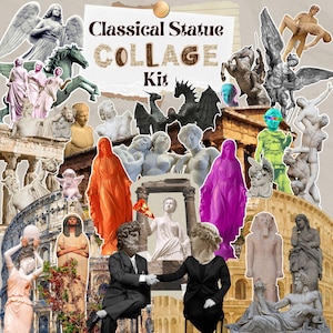 May include: A collage of classical statues, including angels, figures in robes, and busts. The text "Classical Statue Collage Kit" is at the top. The statues are in shades of white, orange, pink, and green.