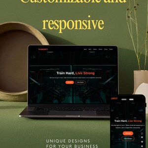 Pode incluir: Um laptop e um smartphone exibem um design de site com o texto "Train Hard, Live Strong". O design apresenta um esquema de cores escuro com detalhes em laranja. As palavras "Customizable and responsive" e "Unique designs for your business" também são visíveis.
