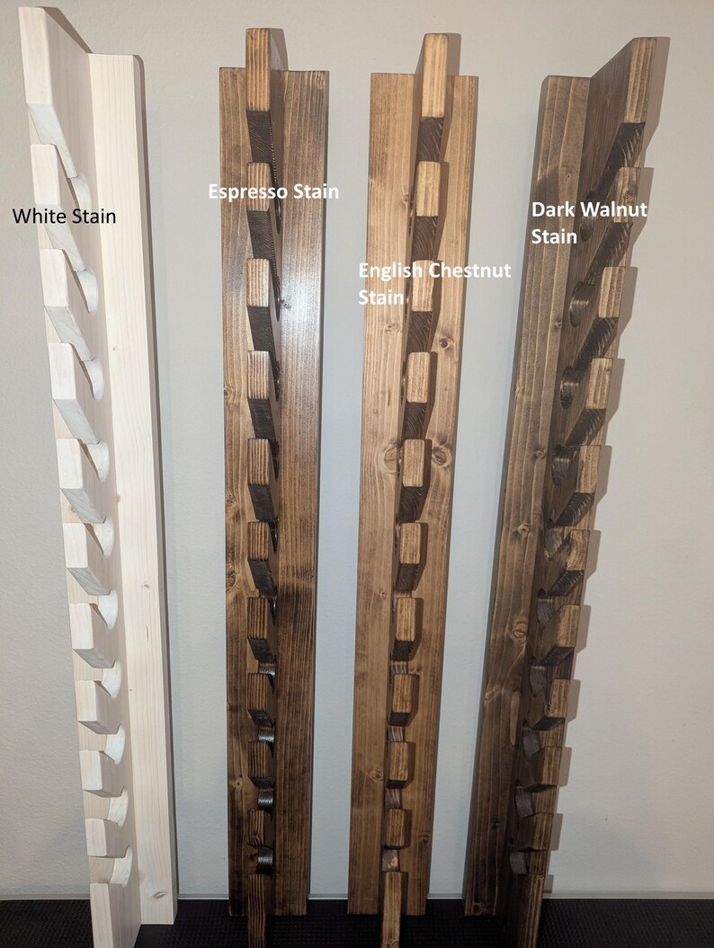 Stain options—White, Espresso, English Chestnut, Dark Walnut—on the 10-hat wall rack.