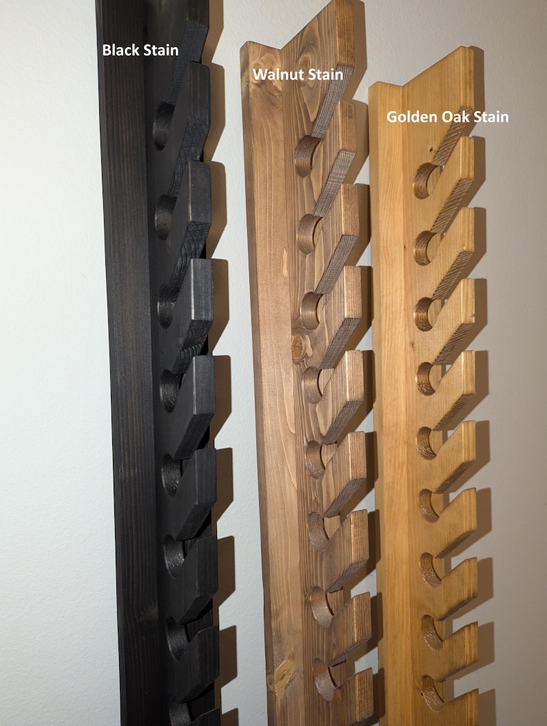 Additional stain options—Black, Walnut, Golden Oak—on the 10-hat wall rack.