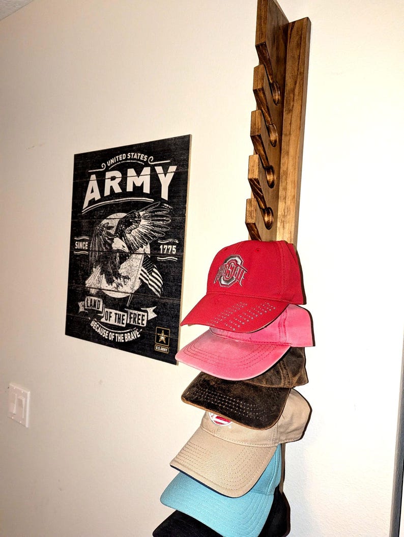 6-slot length shown loaded with five baseball caps to demonstrate spacing; 10-hat rack available.