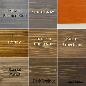 以下が含まれることがあります： 木材ステインのサンプルを示すカラーパレット。サンプルには、Phantom Gray、Slate Gray、Honey、English Chestnut、Early American、Special Walnut、Dark Walnut、Espressoなどの色合いが含まれています。各サンプルには名前が付けられています。