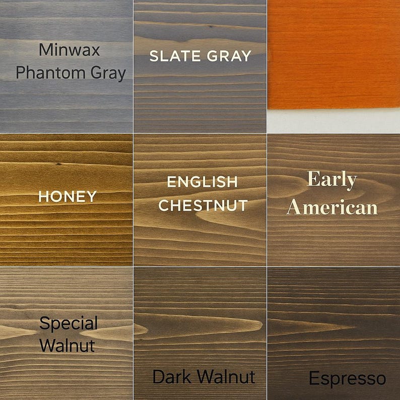 以下が含まれることがあります： 木材ステインのサンプルを示すカラーパレット。サンプルには、Phantom Gray、Slate Gray、Honey、English Chestnut、Early American、Special Walnut、Dark Walnut、Espressoなどの色合いが含まれています。各サンプルには名前が付けられています。