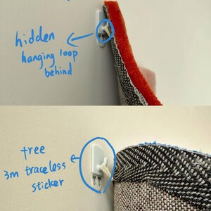 May include: Two methods for hanging a rug on a wall. The first method uses a hidden hanging loop and a white plastic hook. The second method uses a 3M traceless sticker with a hook.