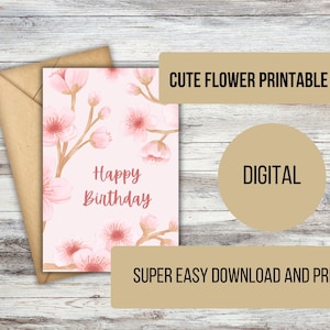 Cartão de aniversário floral rosa para download digital | Cartão de feliz aniversário para impressão para ela | Download instantâneo de saudação de aniversário com flores