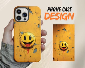 May include: A yellow phone case with a distressed, cracked paint design. A yellow smiley face with a red mouth and dripping blood is centered on the case.
