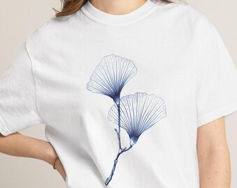 Camiseta minimalista con estampado botánico de hojas de ginkgo – Camiseta de algodón suave inspirada en la naturaleza