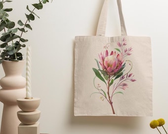 Borsa tote con fiori di protea, borsa tote botanica, borsa da mercato floreale, borsa tote in tela estetica, regalo per amanti della natura