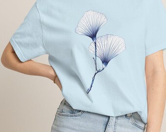Camiseta para amantes de las plantas, camiseta de naturaleza, camiseta botánica, camiseta neutra para mujer, camiseta con estampado de hoja de ginkgo, camiseta de color natural