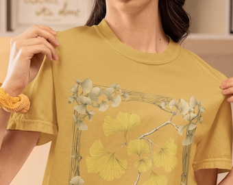 Camiseta con estampado de hojas de ginkgo, camiseta botánica, camiseta minimalista de naturaleza, estética de vida lenta, atuendo acogedor, camiseta de estilo de vida suave.