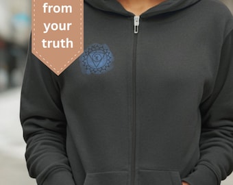 Sudadera unisex con capucha y cremallera con chakra de la garganta y mandala de geometría sagrada